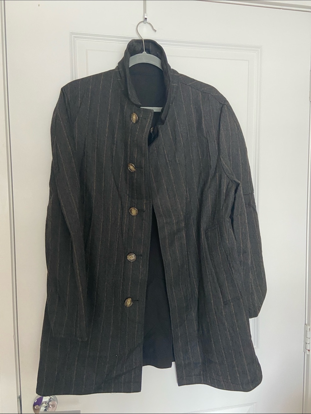 Men's Black Pinstripe Trench Coat with Stand Collar